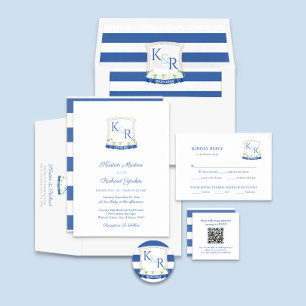 Invitación Boda del Monograma Blanco Azul Náutico Preppy