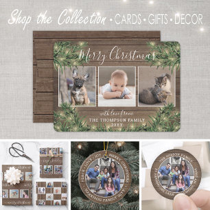 Tarjeta Festiva 4 Navidades de fotografía verde, madera y luces ru