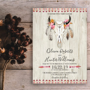 Invitación Boho Floral Feather Antlers Cow Skull Wood Boda