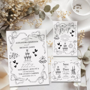Invitaciones Acrílicas Boda Retro Doodle de color blanco y negro