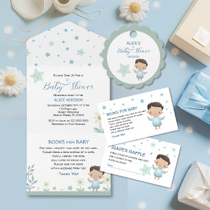 Invitación Oh Boy Pastel Estrellas verdes y azules y flores a