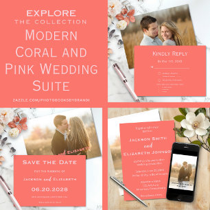 Invitación Audaz Boda de Coral Moderno y Fotografía Rosa