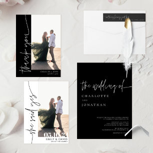 Tarjeta De Agradecimiento Moda Moderna foto simple Boda blanco y negro