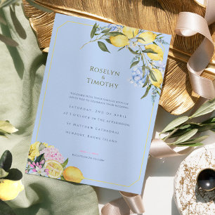 Invitación Boda floral acuarela azul cítrico pastel