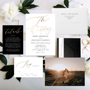 Invitación Con Relieve Metalizado Gold Elegant Traditional Calligraphy Wedding