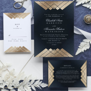 Invitación Geo Dark Navy Gold Gatsby Calligraphy Boda