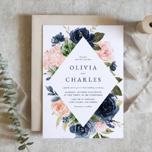 Invitación Con Relieve Metalizado Boda de las flores de la marina y la Rubor de colo