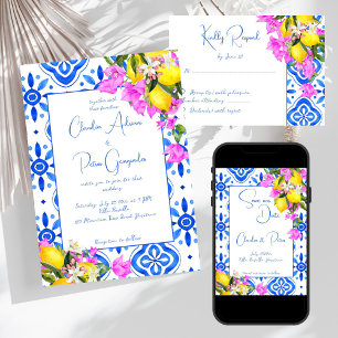 Invitación Blue Tiles Bougainvillea lemons elegante boda