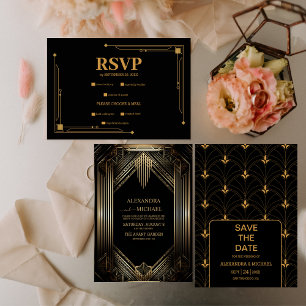 Tarjeta De Recepción Elegante Boda negro y oro Art Deco