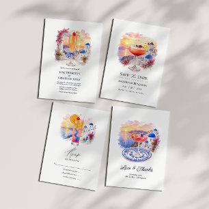 Tarjeta De Agradecimiento Cóctel Rosa Atardecer Santorini Boda Grecia