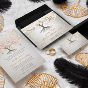 Invitación Rústico Rubor Peach Tree Dove Love Bird Boda