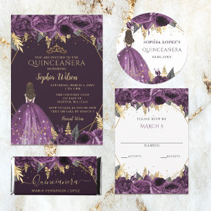 Pegatina Redonda Princesa Floral de oro morado Quinceanera