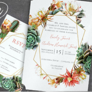 Invitación Cactus del Desierto Suculento Oro Geométrico Metál