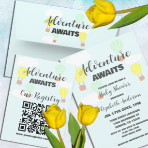 Invitación Baby Shower neutro en globo de aire caliente