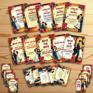 Invitación Boda Retro Romántico Pareja Danza Comic Style