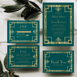 Invitación Elegante Boda Deco Vintage Geo Oro Verde Teal 1920