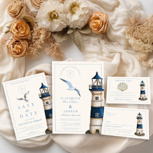 Tarjeta De Recepción Elegante acuarela Boda de faro náutico