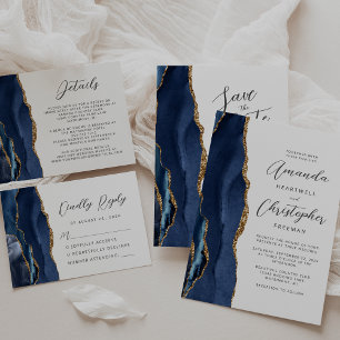 Invitación Agate Navy Blue Gold Script Boda