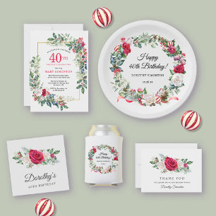 Invitación Floral de rosa blanca roja Holly 40 Fiesta de cump