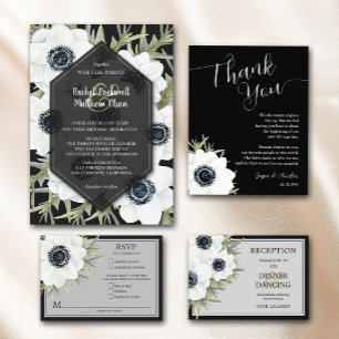 Invitación Boda floral blanco negro todo en uno