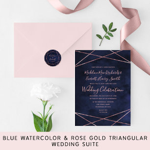 Invitación a la boda geométrica de oro azul y Rosa