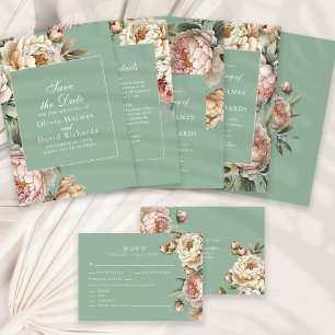 Servilleta De Papel De Cena Elegante Rosa de Rubor turbio Peonies Pastel Sage