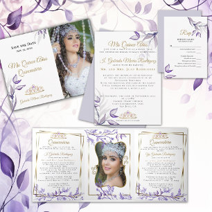 Invitación Tríptica 2 Foto Foliage Púrpura Mis Quince Años