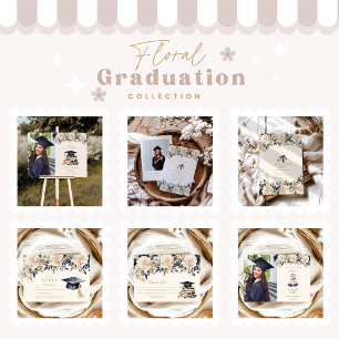 Tarjeta De Agradecimiento Elegante graduación floral de la marina de oro