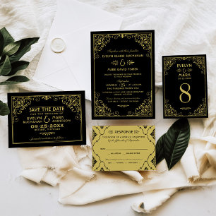 Invitación Boda de Art Deco Vintage Black and Gold