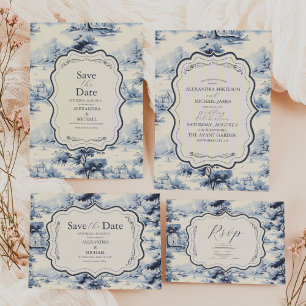Invitación Todo En Uno Elegante Boda floral del Jardín francés azul barro