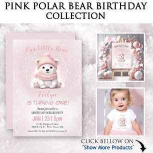 Tarjeta De Agradecimiento Winter Beary 1er cumpleaños Oso Polar Rosa Cute