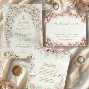 Invitación Boda real con arco de jardín francés vintage flora