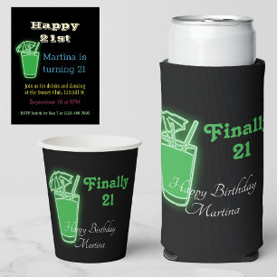 Invitación Postal Con Relieve Metalizado Bebidas de neón y baile Fiesta del 21º cumpleaños