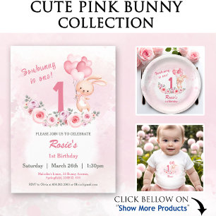 Invitación Conejo lindo Rosa Primer Chica de cumpleaños Flora