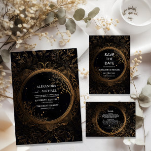 Invitación Mystical Celestial Black and Gold Boda