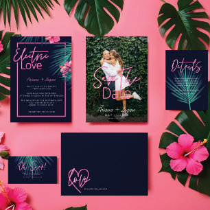 Invitación Amor eléctrico Neón Boda Retro Tropical Rosa