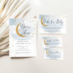 Invitación Sobre la luna de oro estrellas morado Baby Shower