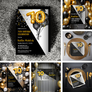 Invitaciones Acrílicas Globos Elegante Negro   Fiesta de los 70 Años de O