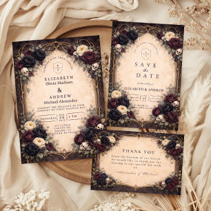 Tarjeta De Agradecimiento Boda Floral de Cráneo Gótico Oscuro