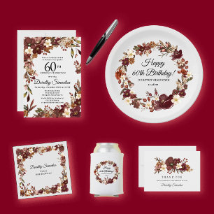 Invitación Borgoña Mauve Ivory Fall Floral 60 cumpleaños