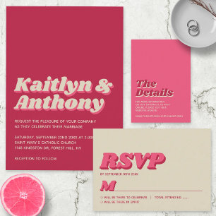 Invitación Con Relieve Metalizado Retro Groovy Viva Magenta Boda Real