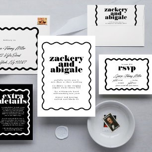 Invitación Boda blanco negro con marco ondulado moderno