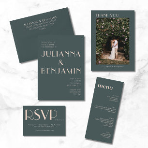 Invitación Todo En Uno Elegante minimalista Verde azulado y Boda de Rubor