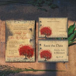 Invitación Todo En Uno Elegante Fairy Lights Red Heart Leaf Tree Boda