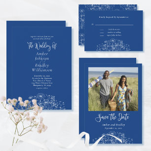Boho Wedding Royal Blue White Wildflower RSVP