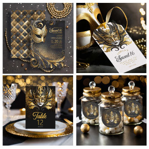 Invitación Dulce 16 Masquerade Black Gold ID1032
