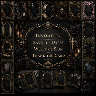 Invitación Boda Luna Calavera Rosa Medieval Púrpura Gótica