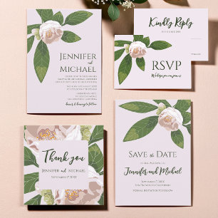 Tarjeta De Confirmación De Asistencia Camellia y verde simple elegante