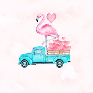 Invitación Camión Vintage Flamingo rosa Corazones Baby Shower