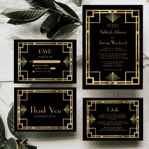 Invitación Elegante Boda Deco Vintage 1920s Geo de Oro Negro